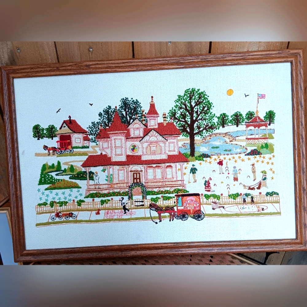 1987 Finished Cross Stitch Charles Wysocki A Victorian Summer Embroidery Crewel